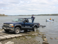 The Zego Boat can be trailered for transport and launched off a boat launch ramp.