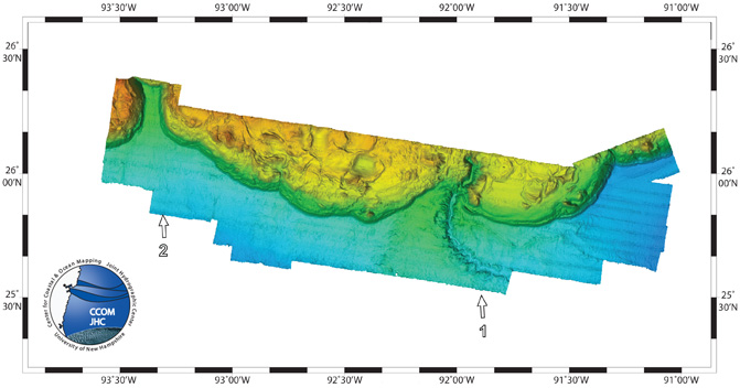 Oblique view of the Sigsbee Escarpment bathymetry map.