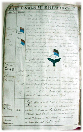 Page of old logbook with handwriting and hand-drawn images.