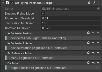 XR Flying Interface Inspector Options